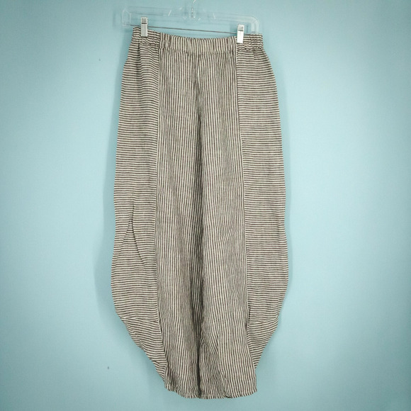 Grizas Size XS Black Stripe Pull On Wide Leg Tapered Lagenlook Artsy Linen Pants - Picture 1 of 6